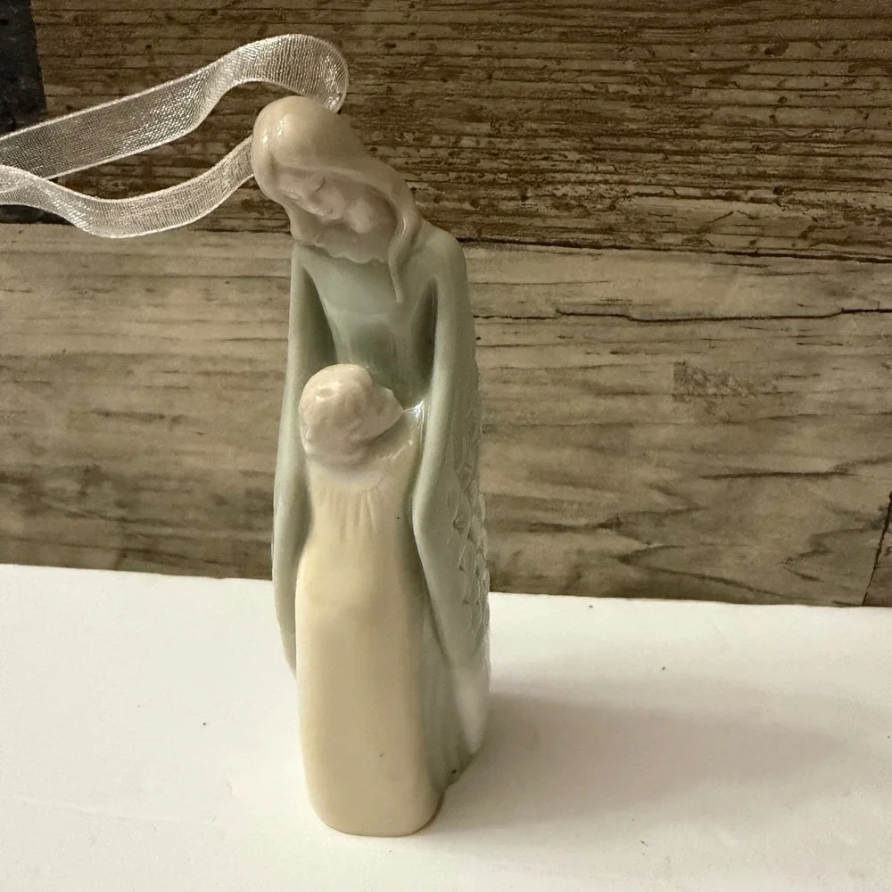 Hallmark 2002 Porcelain Angel with Child Christmas Ornament Vintage Green Cream